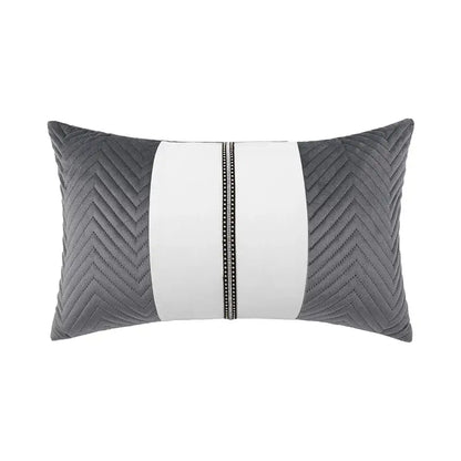 Gray velvet rectangular cushion cover with central white stripe and black beaded trim decorbites luxe gray for modern decor