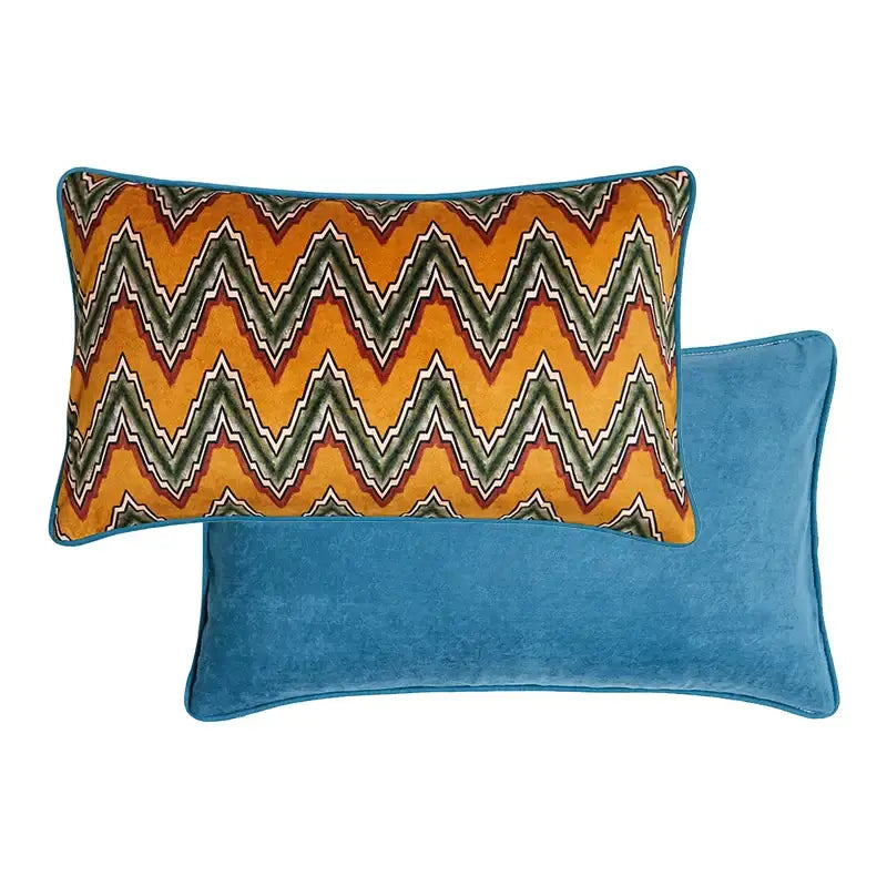 Decorbites™ luxe greyhound decorative pillow cover in vibrant orange and green velvet with teal border on blue cushion