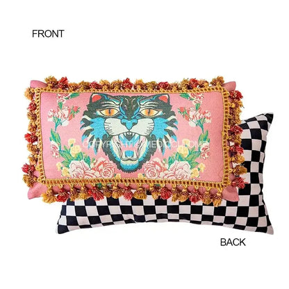 DecorBites™ luxe greyhound decorative pillow cover with pink background blue tiger and floral patterns with gold trim