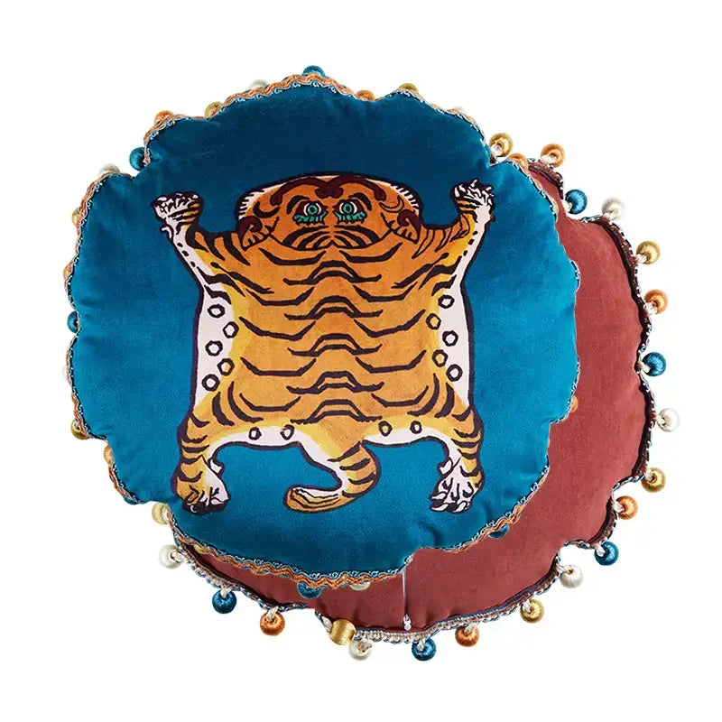 Decorbites™ luxe greyhound decorative pillow cover in deep teal velvet with orange tiger design and pom-pom trim
