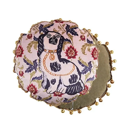 DecorBites™ luxe greyhound decorative pillow cover features a pink fabric with black and white dog illustration and gold tassels
