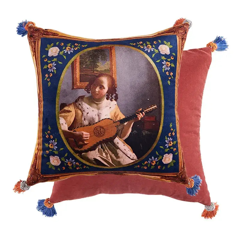 Decorbites™ luxe greyhound decorative pillow cover with embroidered woman playing lute on deep blue pillow cover