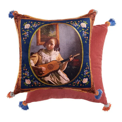 Decorbites™ luxe greyhound decorative pillow cover with embroidered woman playing lute on deep blue pillow cover