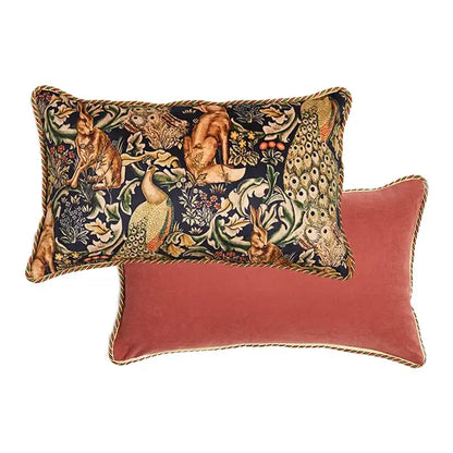 Decorbites™ luxe greyhound decorative pillow cover with intricate tapestry design of rabbits peacocks and floral motifs on dark background