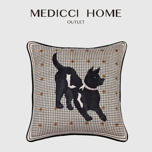 Black and white embroidered dog design on beige grid pattern decorative pillow cover with gold dot accents decorbites luxe