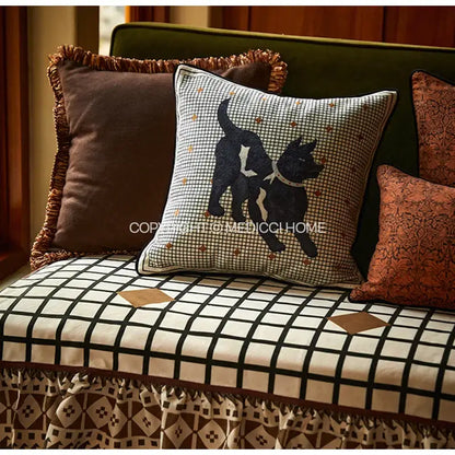 DecorBites™ luxe greyhound decorative pillow cover with black and white checkered fabric and embroidered dog silhouettes