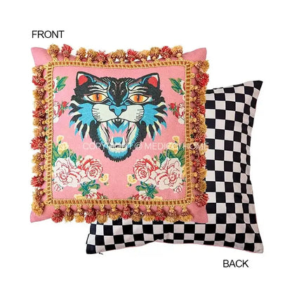 DecorBites™ luxe greyhound decorative pillow cover features a pink base with bold tiger and floral patterns with tassels
