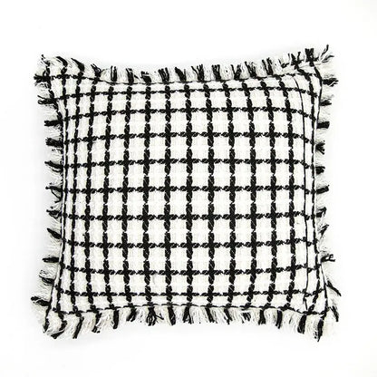 Black and white checkered decorbites luxe hotel throw pillow with frayed edges for elegant living room cushions