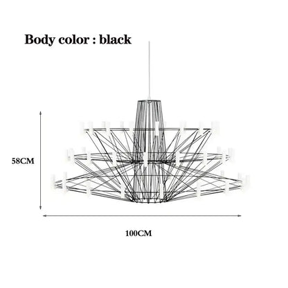 Black DecorBites Luxe iron wire round LED chandelier with geometric design and white cylindrical lights for living room
