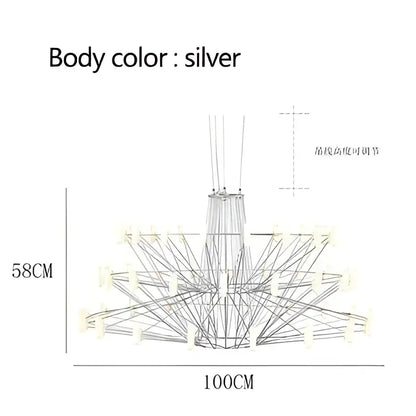 Silver decorbites luxe iron wire round LED chandelier with modern geometric arms for living and dining room use
