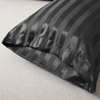 DecorBites™ luxe jacquard stripes pillow cover set black satin with subtle vertical stripes for queen and king size pillows