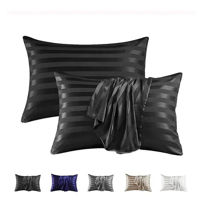 Black satin jacquard stripes pillow cover set with matching satin slip in queen and king size by DecorBites™
