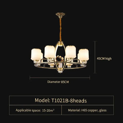 A decorbites luxe jade chandelier with a polished brass frame and six frosted glass shades for living room and villa hall