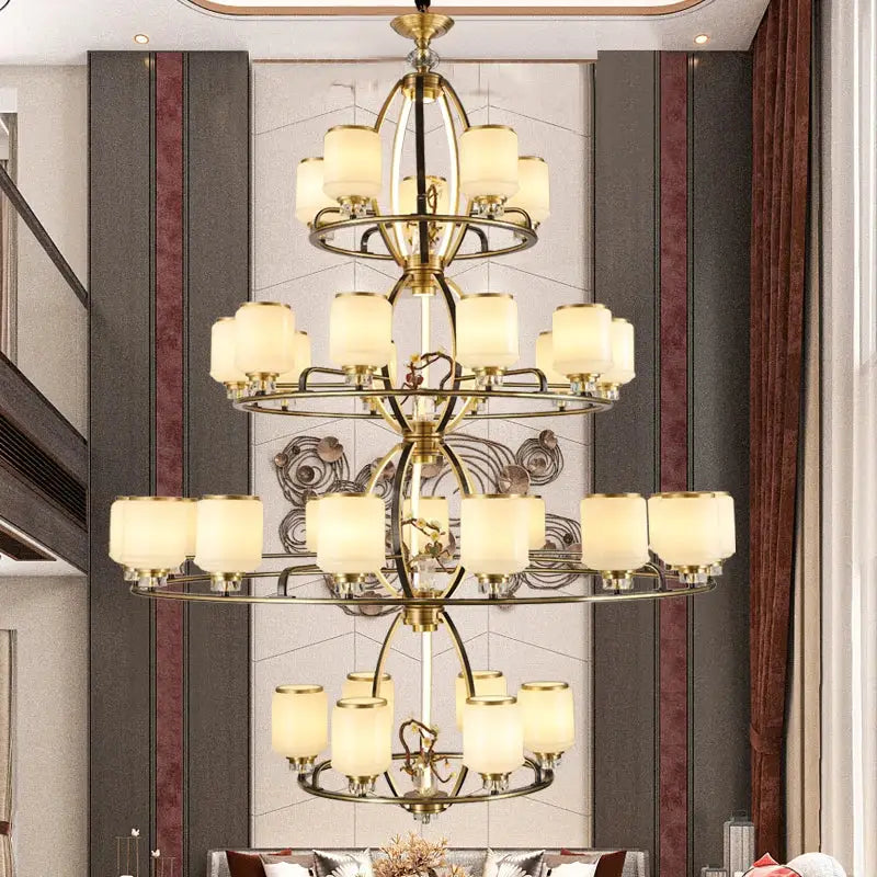 Brass-toned multi-tier decorbites luxe jade chandelier with frosted glass shades for living room and villa hall lighting