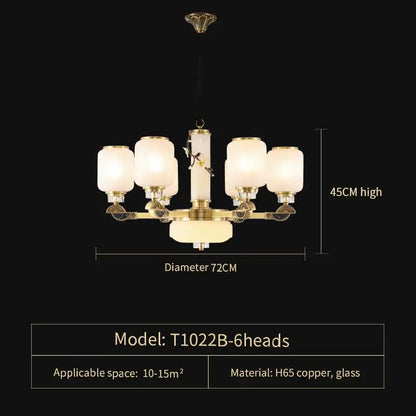 A luxurious brass decorbites luxe jade chandelier with six frosted glass shades for living room villa and duplex hall