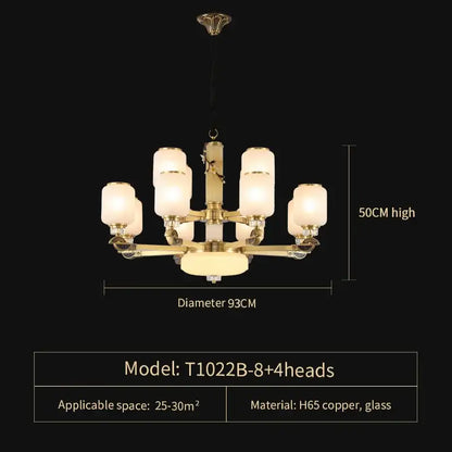 Classic brass luxe jade chandelier by decorbites luxe with eight frosted glass shades for living rooms and villas