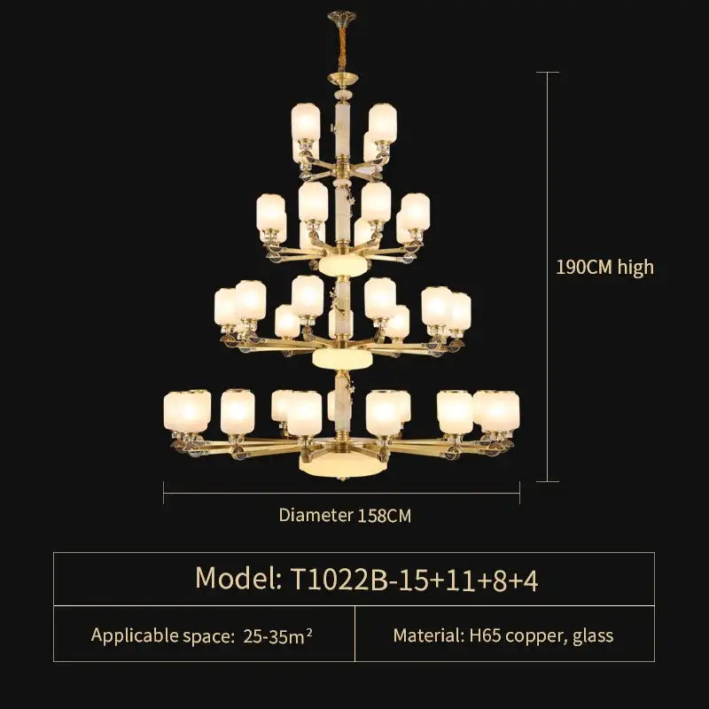 A multi-tiered decorbites luxe jade chandelier with golden h65 copper frame and frosted glass shades, 190cm high