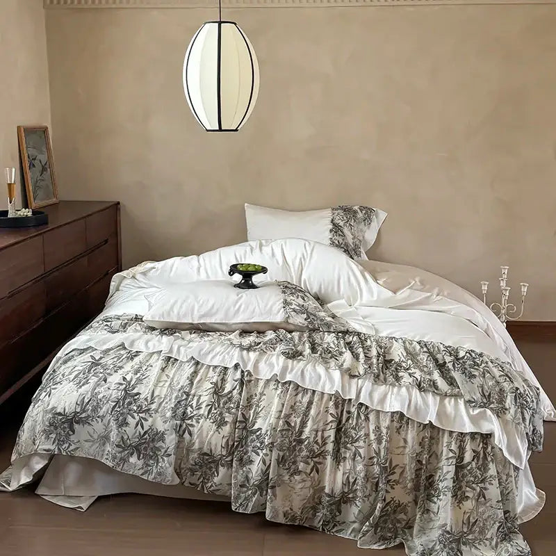 Decorbites luxe lace ruffles bedding set featuring a layered bedspread with gray botanical print on off-white satin base