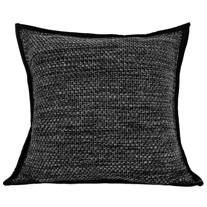 Black and gray tweed decorbites luxe linen blend cushion cover with contrasting black velvet trim 50x50cm square pillow case