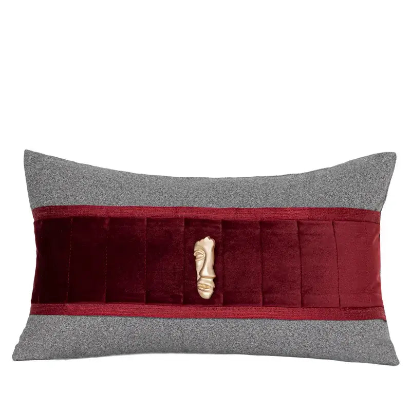 Rectangular cushion with gray woolen top and bottom and burgundy velvet pleated band with ivory face ornament from decorbites luxe linen blend cushion covers set
