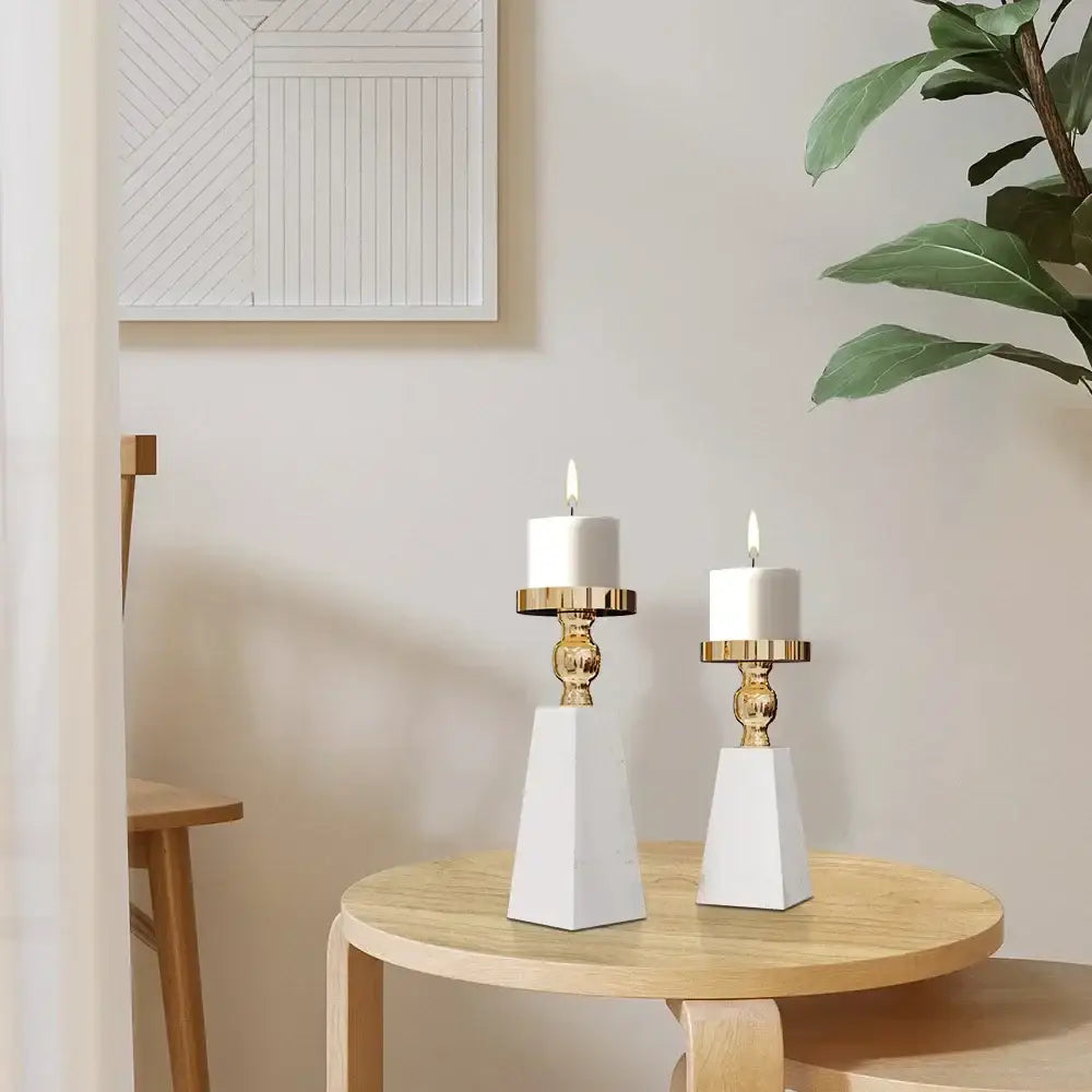 Gold and white ceramic marble candle holders with modern geometric design by DecorBites™ in minimalist style