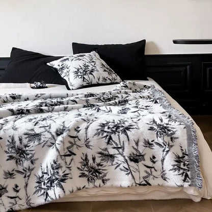 Decorbites luxe mink fur jacquard throw white plush blanket with black bamboo leaf pattern and fringed edges