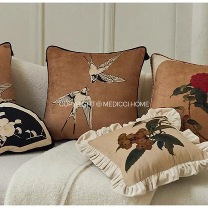 Brown velvet decorative pillow case with embroidered cream and black swallow birds for sofa bed use