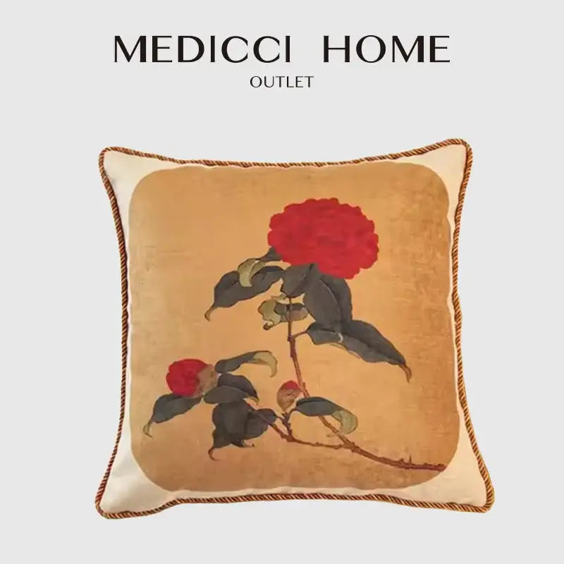 Medicci home outlet decorative pillow case with vibrant red camellia on aged gold background and braided trim for sofa bed