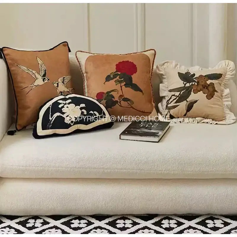 DecorBites™ luxe oriental floral decorative pillow case in black and cream half-moon shape with embroidered floral patterns