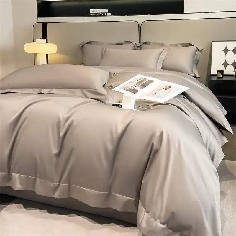 Decorbites luxury 1000tc egyptian cotton duvet cover set in gray with fitted sheet and subtle piping details
