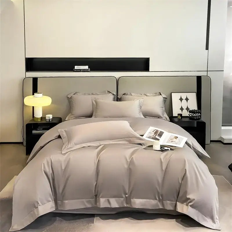 The DecorBites™ luxurious 1000TC Egyptian cotton duvet cover set in light gray satin with matching fitted sheet