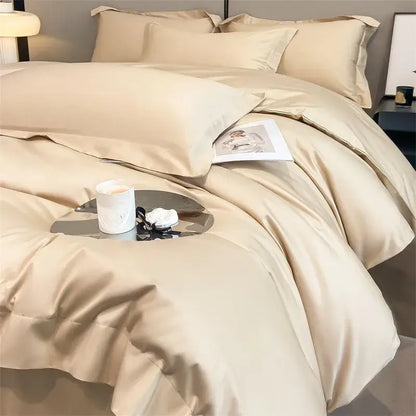 Beige satin duvet cover and fitted sheet set from decorbites™ luxurious 1000tc egyptian cotton bedding collection