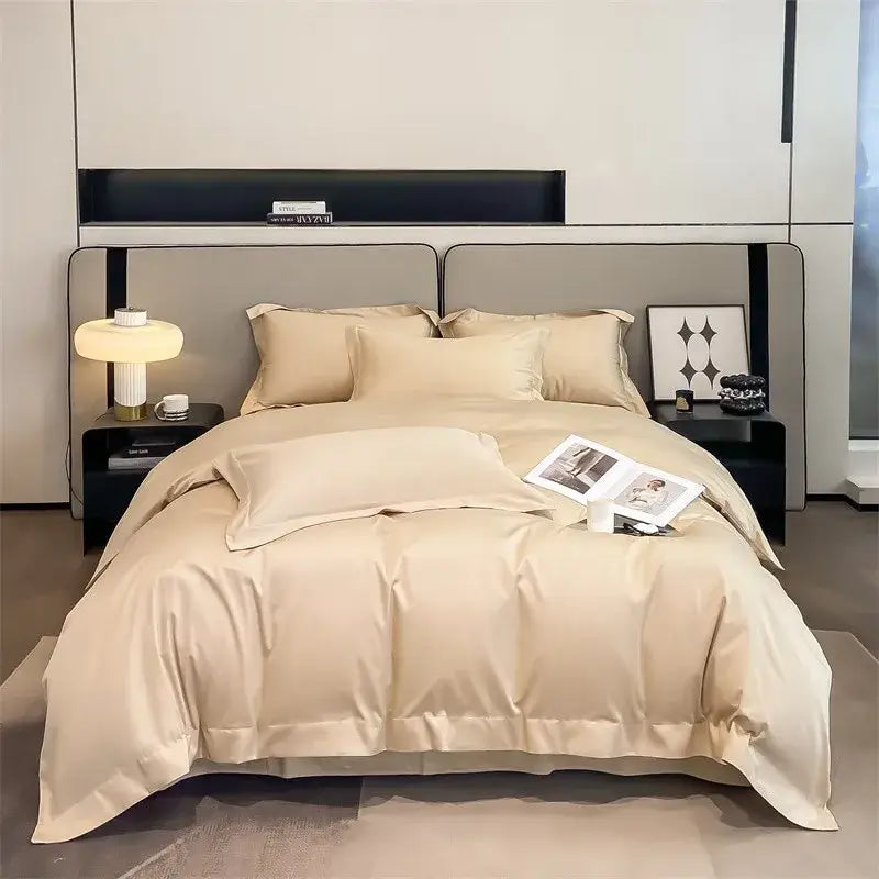 Beige satin duvet cover set with matching pillowcases from DecorBites™ luxurious 1000TC Egyptian cotton bedding set featuring smooth texture