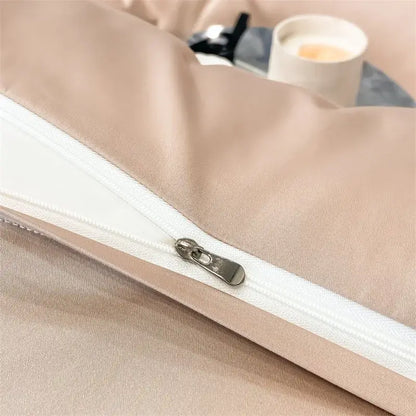 Beige satin pillowcase with white zipper and metallic pull tab in decorbites™ luxurious 1000tc egyptian cotton duvet cover set