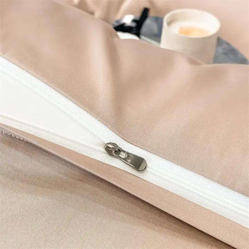 Beige satin pillowcase with white zipper and metallic pull tab in decorbites™ luxurious 1000tc egyptian cotton duvet cover set