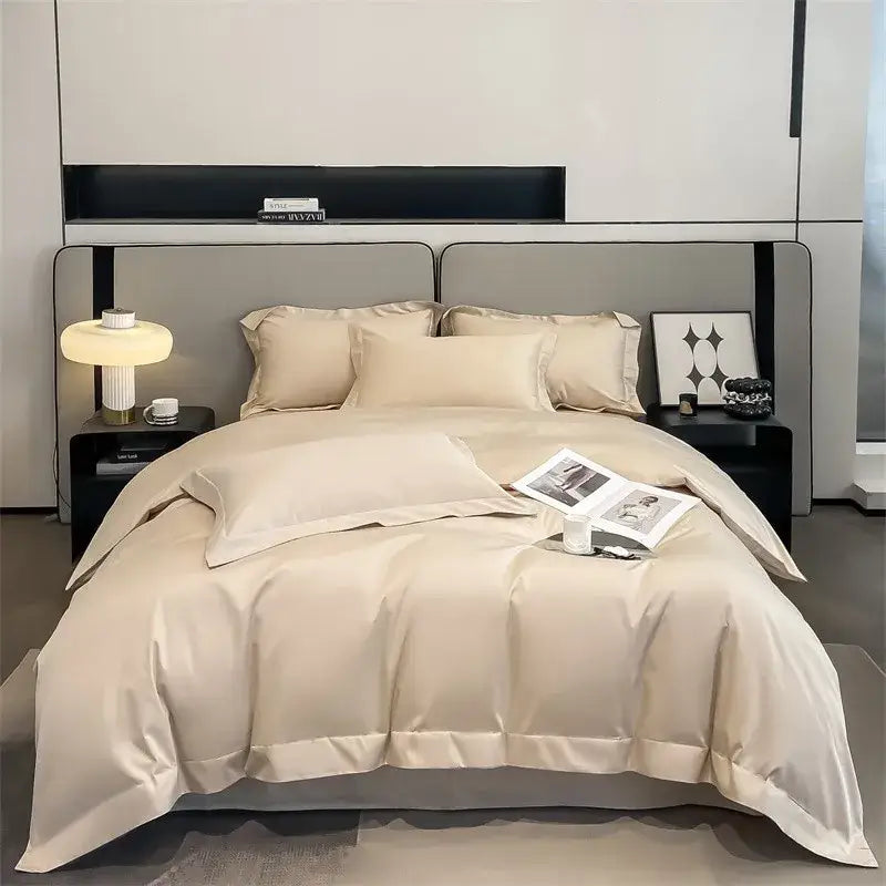 Beige satin DecorBites Luxurious 1000TC Egyptian cotton duvet cover set with fitted sheet and smooth finish