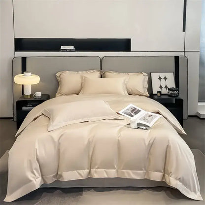 Beige satin DecorBites™ 1000TC Egyptian cotton duvet cover set with fitted sheet and smooth luxurious finish