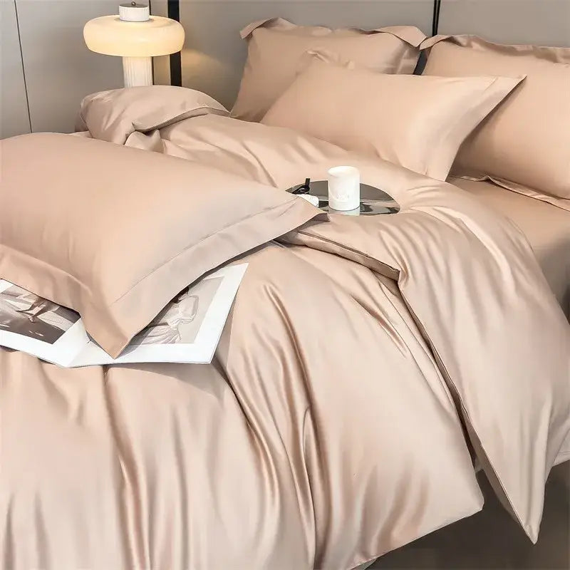 Beige satin DecorBites™ 1000TC Egyptian cotton bedding set with smooth texture including duvet cover and fitted sheet