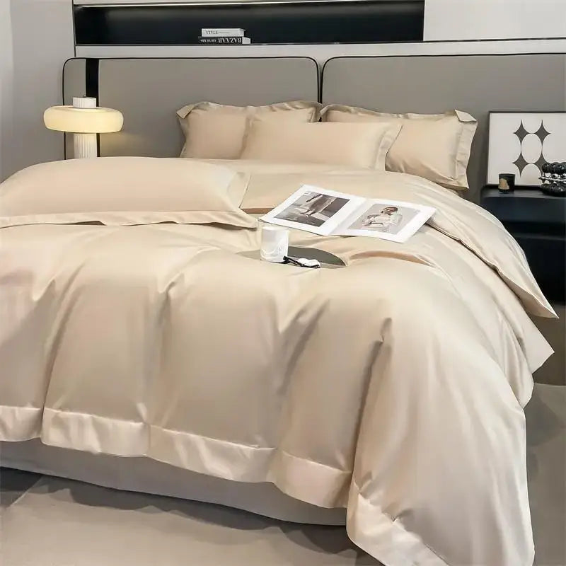 Beige satin DecorBites™ luxurious 1000TC Egyptian cotton duvet cover set with fitted sheet and stitched hems