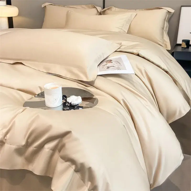 Beige satin duvet cover and fitted sheet from decorbites™ luxurious 1000tc egyptian cotton bedding set with smooth finish