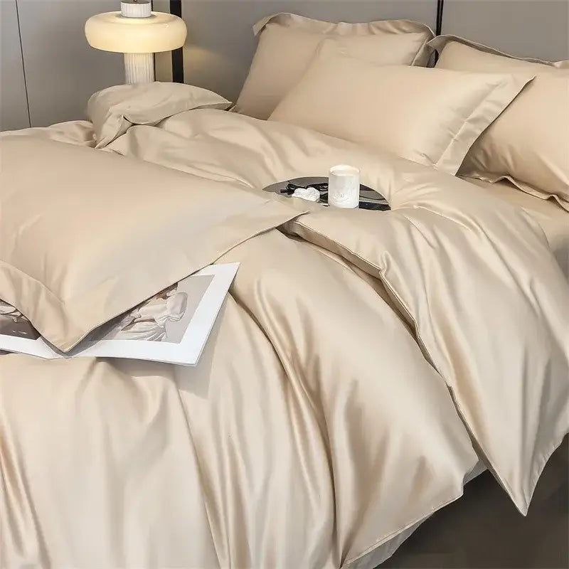 Beige satin DecorBites™ luxurious 1000TC Egyptian cotton bedding set featuring smooth duvet cover and fitted sheet