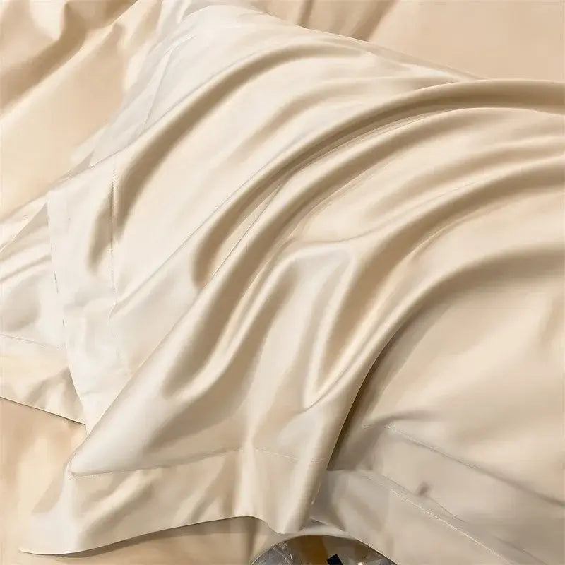 Cream-colored satin pillowcase from decorbites™ luxurious 1000tc egyptian cotton bedding set with smooth, glossy texture, ideal for duvet cover or fitted sheet ensembles