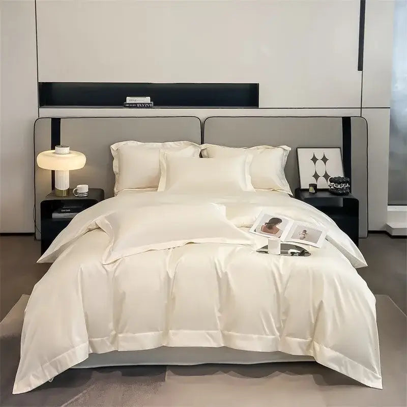 Cream-colored satin duvet cover and fitted sheet from DecorBites™ luxurious 1000TC egyptian cotton bedding set