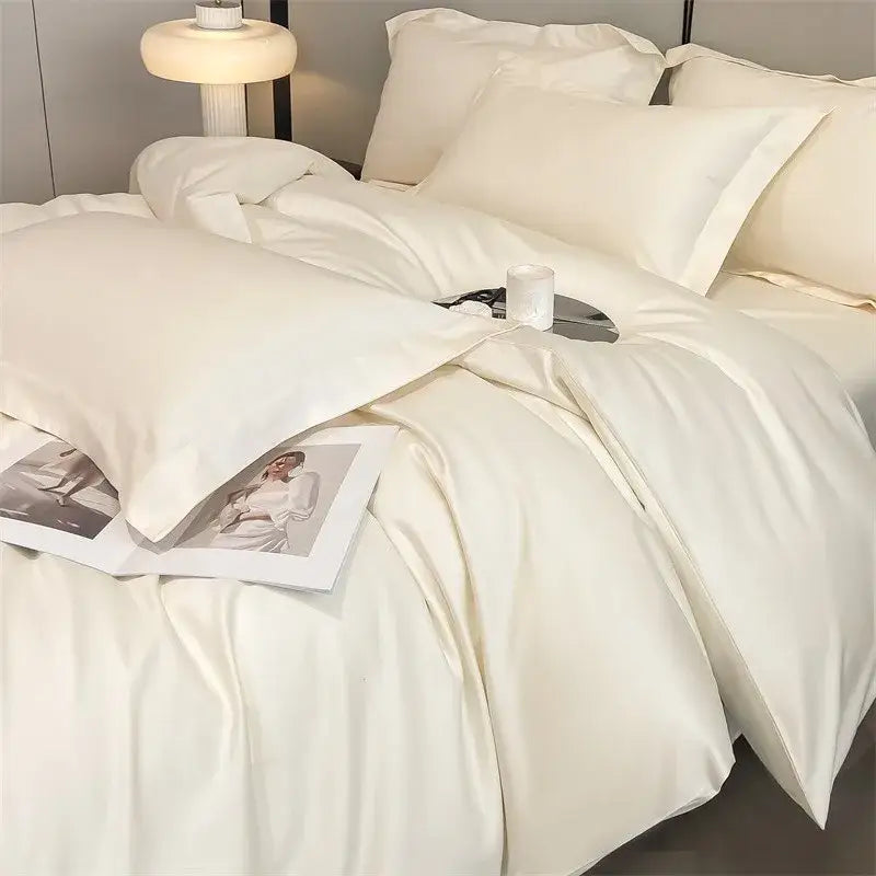 Cream-colored satin decorbites™ 1000tc egyptian cotton bedding set with smooth texture includes duvet cover and fitted sheet