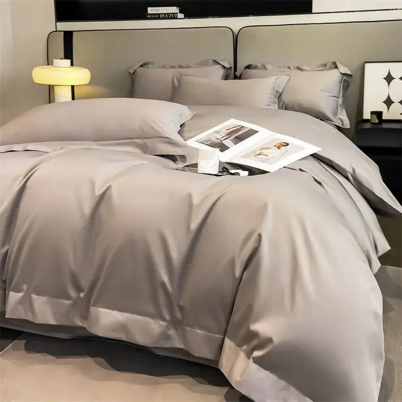 DecorBites™ luxurious 1000TC Egyptian cotton gray duvet cover with subtle sheen and crisp stitching edges
