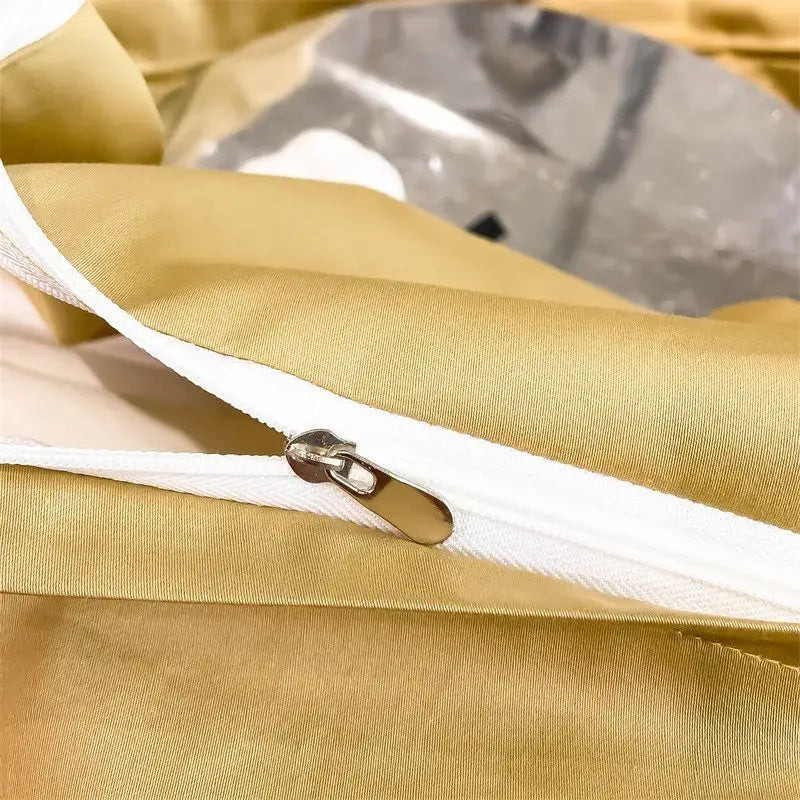 Gold-colored satin piece duvet cover with white zipper and metallic pull tab in decorbites™ luxurious 1000tc egyptian cotton bedding set