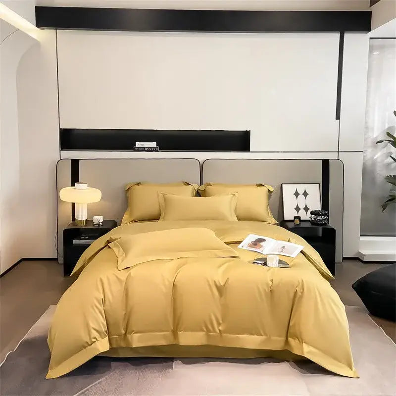 Decorbites™ luxurious 1000tc egyptian cotton golden satin bedding set with duvet cover fitted sheet and matching pillows