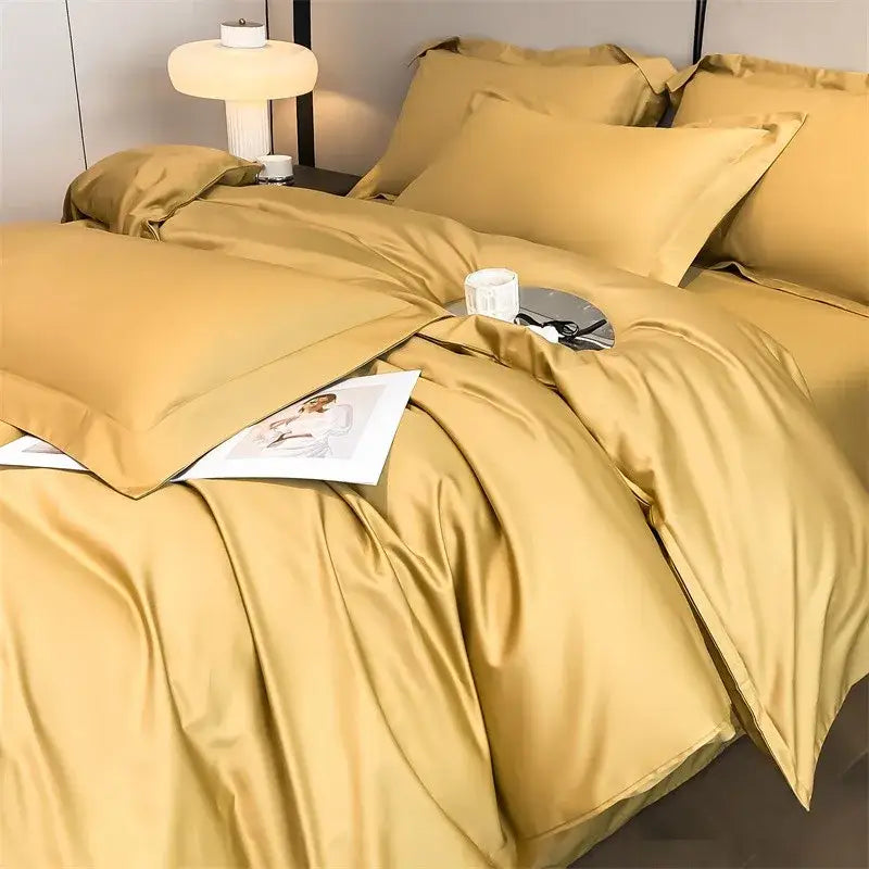 Golden satin duvet cover set with matching pillowcases from decorbites™ luxurious 1000tc egyptian cotton bedding set