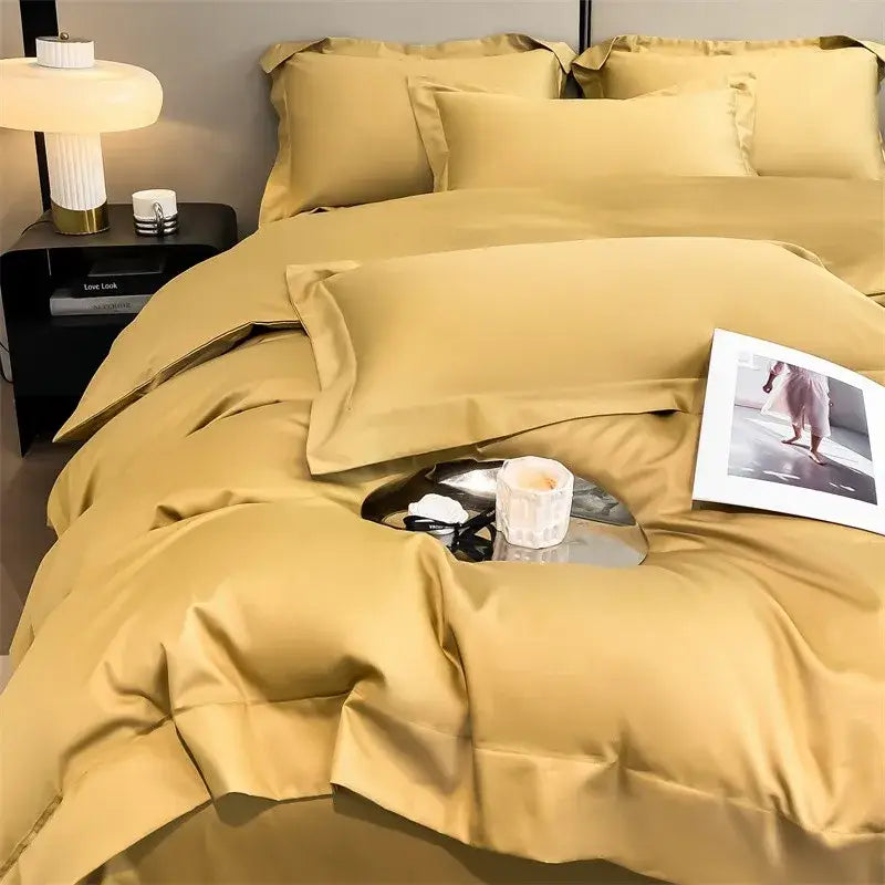 Decorbites™ luxurious 1000tc egyptian cotton golden satin bedding set with smooth duvet cover and fitted sheet