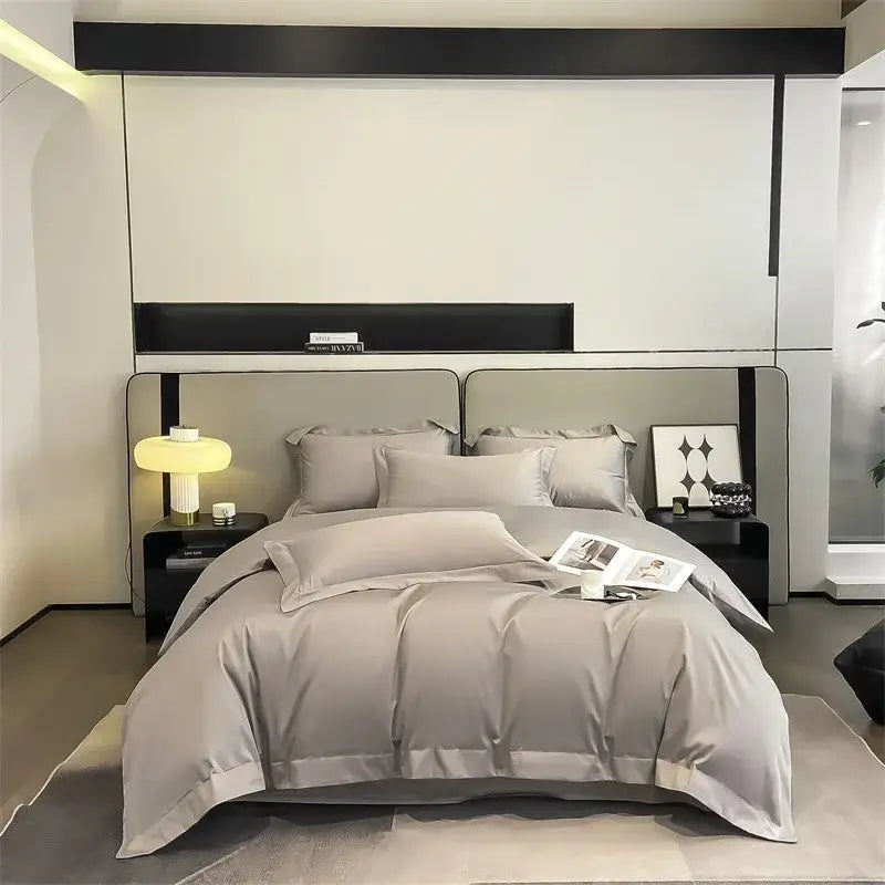 Gray satin duvet cover set with matching pillows on a modern bed from DecorBites™ luxurious 1000TC Egyptian cotton bedding set